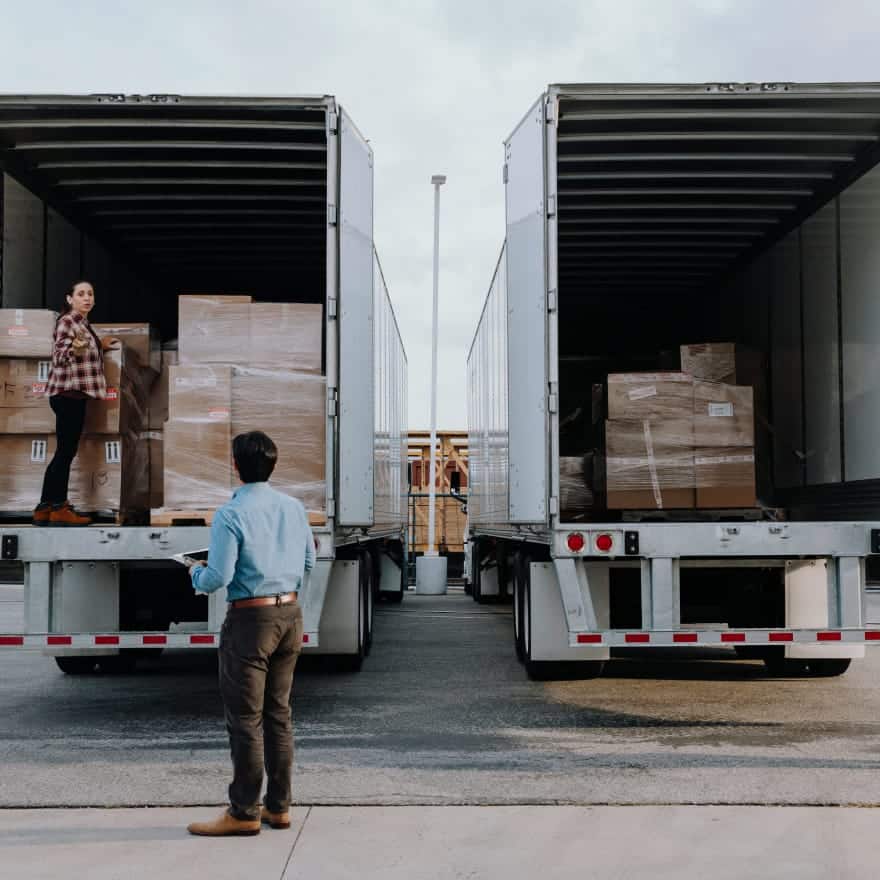 trucks being unloaded