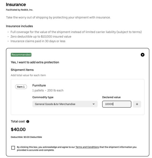 screen grab of shipping software